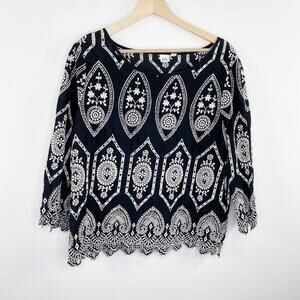 GAP Black White Embroidered Long Sleeve 100% Cotton Blouse Women's Size Large L